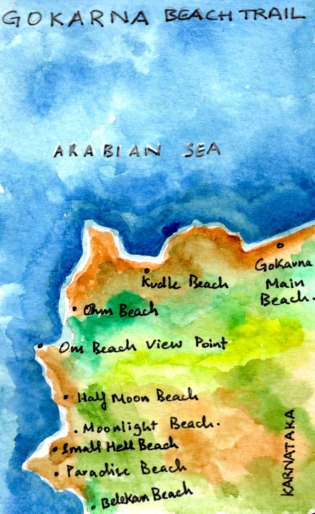 Gokarna Beach trek trail: Paradise Beach, Half Moon Beach, Om Beach, Rock Climbing, Dolphin’s Point, Kudle Beach, and Gokarna Beach